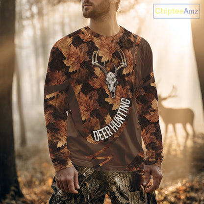 Skull Deer Hunting 3D Brown Camo Autumn Custom Name All Over Print Shirt Hunting Clothes NHT207
