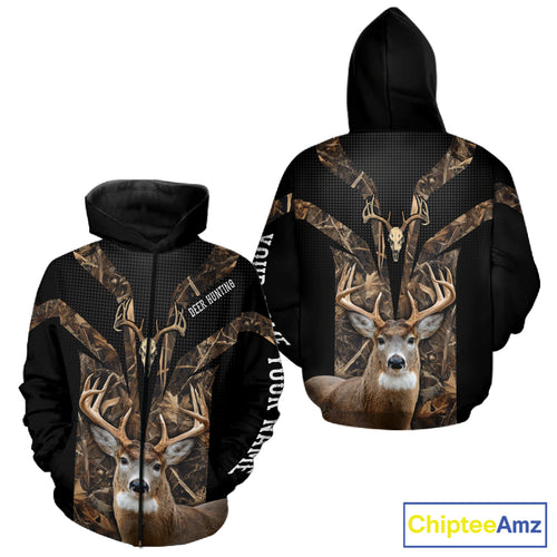 Brown Camo 3D Deer Hunting Hoodie For Men – Whitetail Buck Skull Design NHT335