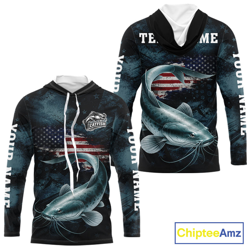 Personalized American Flag Catfish Fishing Shirts Long Sleeve Hooded, Patriotic Catfish Fishing NHT523