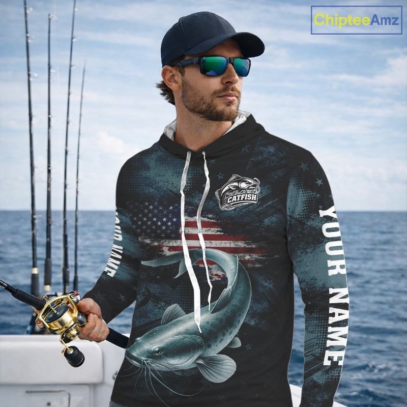Personalized American Flag Catfish Fishing Shirts Long Sleeve Hooded, Patriotic Catfish Fishing NHT523