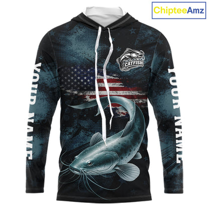 Personalized American Flag Catfish Fishing Shirts Long Sleeve Hooded, Patriotic Catfish Fishing NHT523