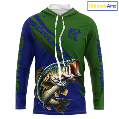 Green Blue Bass Fishing Shirt Long Sleeve Fishing Apparel For Men, Hooded Fishing Shirt For Fisher NHT873