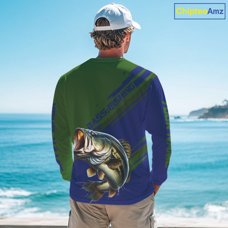 Green Blue Bass Fishing Shirt Long Sleeve Fishing Apparel For Men, Fishing Shirt For Fisher NHT873