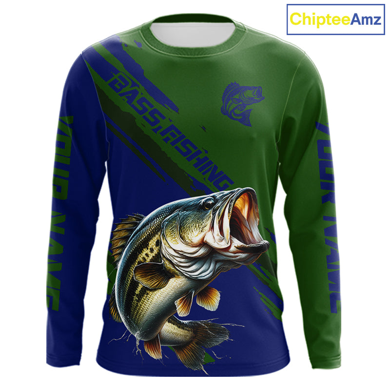 Green Blue Bass Fishing Shirt Long Sleeve Fishing Apparel For Men, Fishing Shirt For Fisher NHT873
