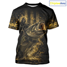 Load image into Gallery viewer, Yellow Grim Reaper bass fishing jersey with largemouth bass graphic, short sleeve UPF 30+ performance fishing shirt for men