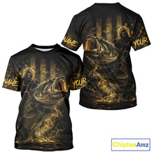 Load image into Gallery viewer, Back view of yellow Grim Reaper largemouth bass short sleeve performance fishing shirt, breathable moisture wicking polyester