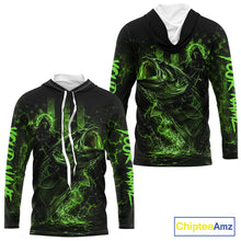 Load image into Gallery viewer, Back view of green hooded bass fishing shirt made from breathable polyester with UPF 30+ sun protection.