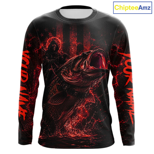 Red Grim Reaper Bass Fishing Jersey long sleeve with largemouth bass graphic and performance fit.
