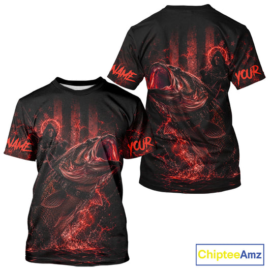 Back view of red bass fishing shirt made from breathable polyester with UPF 30+ sun protection.