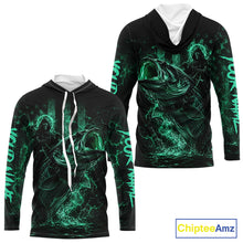 Load image into Gallery viewer, Back view of turquoise hooded fishing shirt made from lightweight polyester with UPF 30+ sun protection.