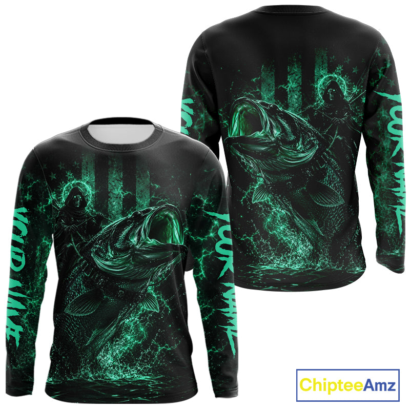Back view of turquoise bass fishing shirt made from breathable polyester with UPF 30+ sun protection.