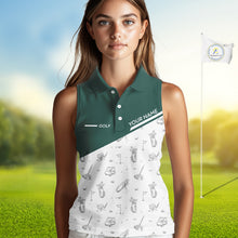 Load image into Gallery viewer, Green White Golf Pattern Sleeveless Womens Golf Tops Custom Ladies Golf Shirts, Green Golf Tops NHT884