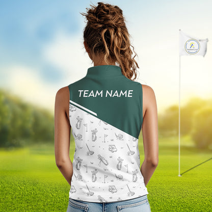 Green White Golf Pattern Sleeveless Womens Golf Tops Custom Ladies Golf Shirts, Green Golf Tops NHT884
