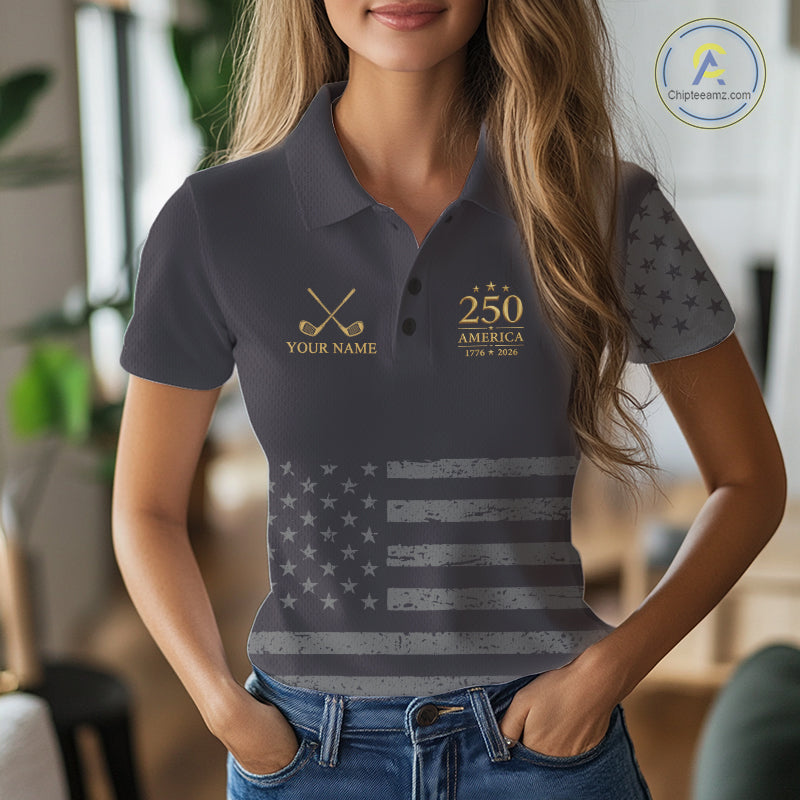 Black & Gold American Flag Womens Golf Polo Shirts, Golf Gifts For Team NHT887