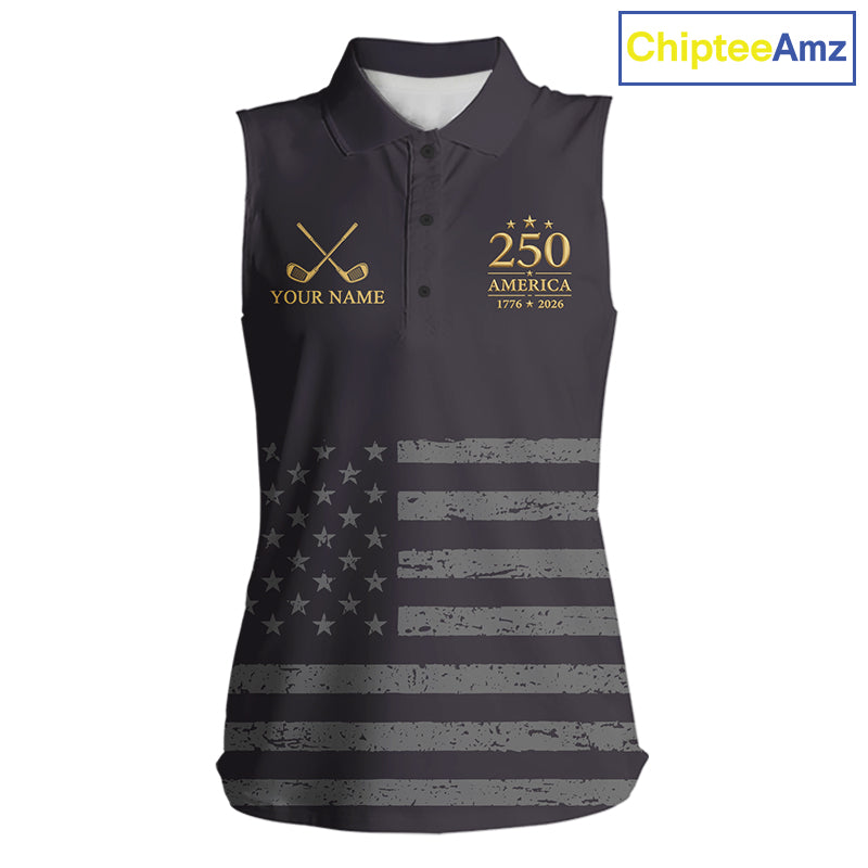 Black & Gold American Flag Sleeveless Womens Golf Polo Shirts, Golf Gifts For Team NHT887