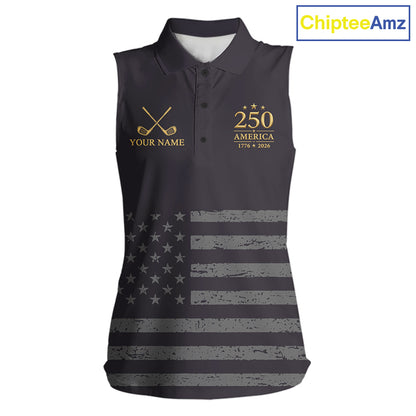 Black & Gold American Flag Sleeveless Womens Golf Polo Shirts, Golf Gifts For Team NHT887