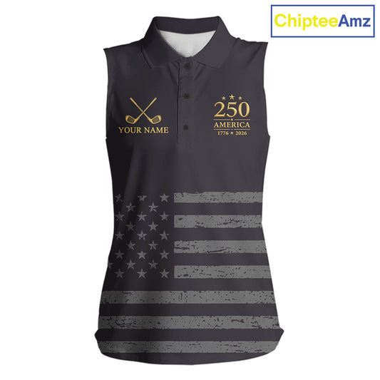 Black & Gold American Flag Sleeveless Womens Golf Polo Shirts, Golf Gifts For Team NHT887