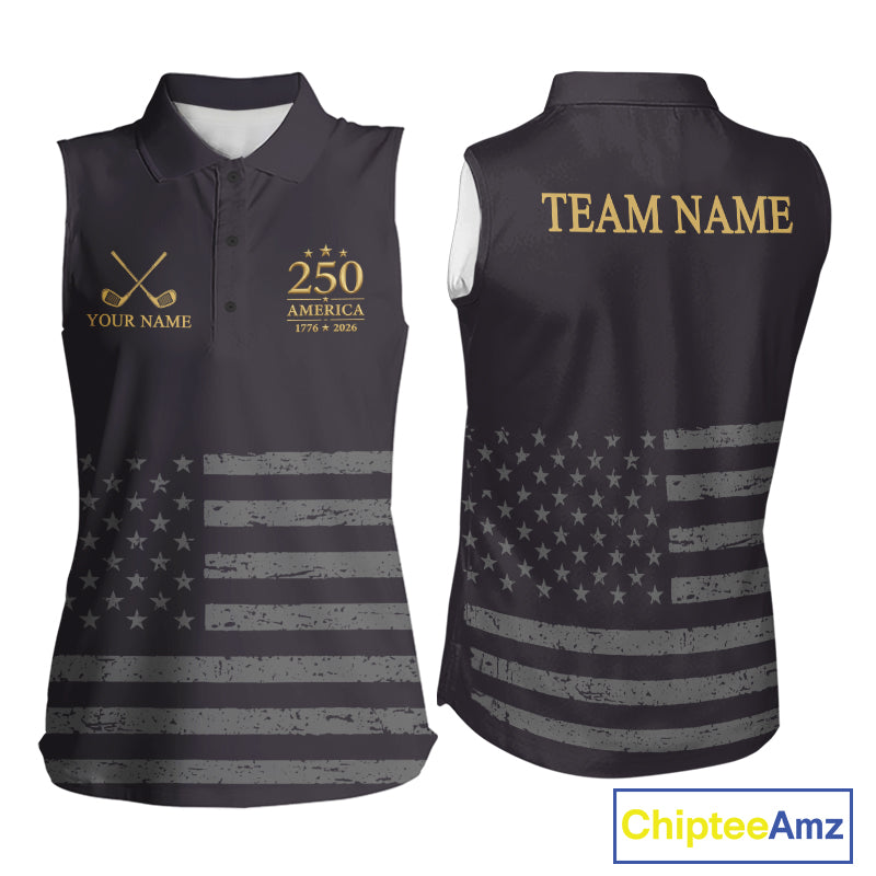 Black & Gold American Flag Sleeveless Womens Golf Polo Shirts, Golf Gifts For Team NHT887