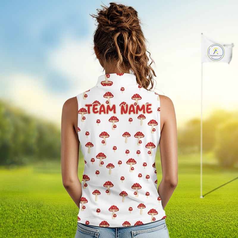 Funny Mushroom Sleeveless Womens Golf Polo Shirt, Personalized Mushroom Red White Pattern Golf Jersey NHT888