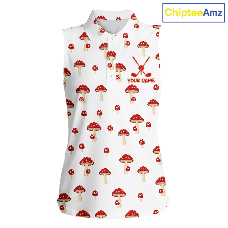 Funny Mushroom Sleeveless Womens Golf Polo Shirt, Personalized Mushroom Red White Pattern Golf Jersey NHT888