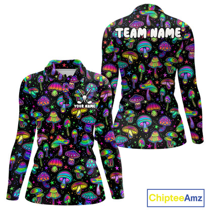 Funny Neon Mushroom Pattern Womens Golf Polo Shirt – Custom Name, Team Name For Golfer NHT889