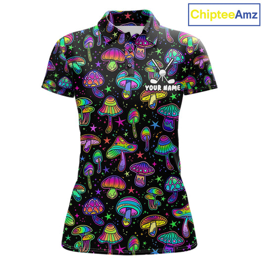 Funny Neon Mushroom Pattern Womens Golf Polo Shirt – Custom Name, Team Name For Golfer NHT889