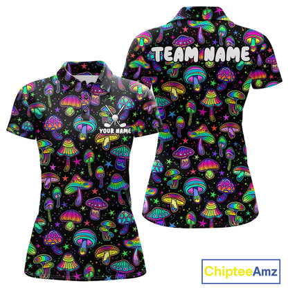 Funny Neon Mushroom Pattern Womens Golf Polo Shirt – Custom Name, Team Name For Golfer NHT889