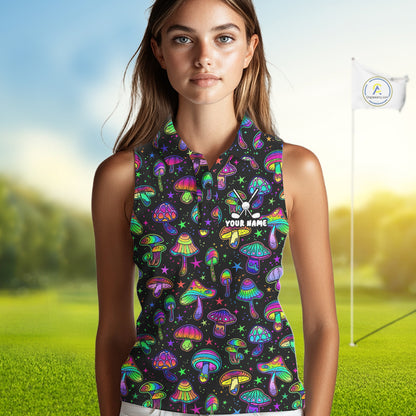 Funny Neon Mushroom Pattern Sleeveless Womens Golf Polo Shirt – Custom Name, Team Name For Golfer NHT889