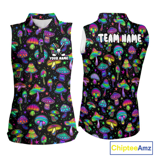 Funny Neon Mushroom Pattern Sleeveless Womens Golf Polo Shirt – Custom Name, Team Name For Golfer NHT889