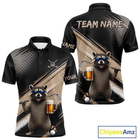 Funny Raccoon Golf Polo Shirt Custom Name Golf Beer Polo Gift For Men Black Beige Golf Jersey NHT891