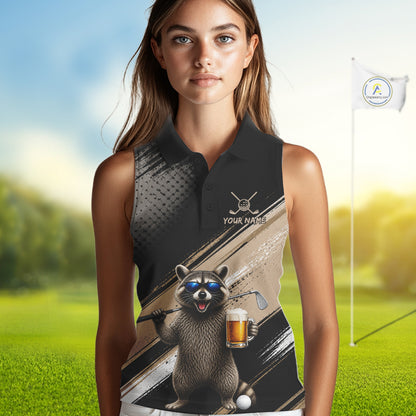 Funny Raccoon Golf Polo Shirt Custom Name Golf Beer Polo Gift For Women Black Beige Golf Jersey NHT891