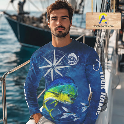 Mahi Mahi Fishing Shirt Long Sleeve Gift For Men – Deep Sea Angler Ocean Compass Design