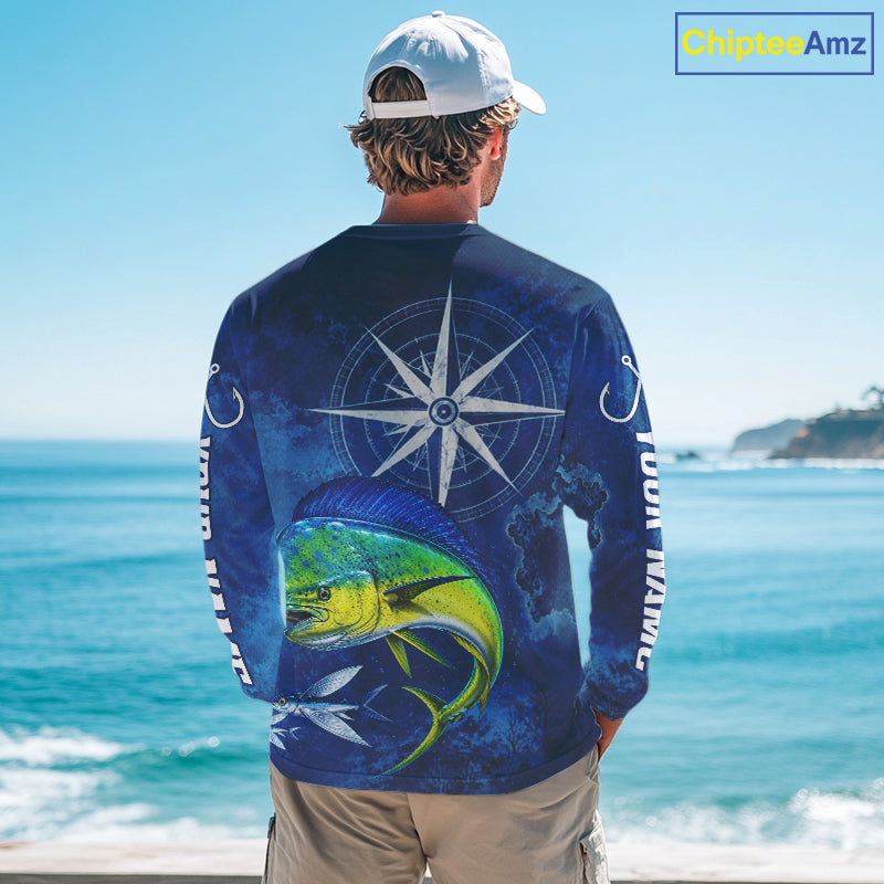 Mahi Mahi Fishing Shirt Long Sleeve Gift For Men – Deep Sea Angler Ocean Compass Design