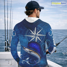 Load image into Gallery viewer, Sailfish Fishing Shirt Long Sleeve Hooded Gift For Men – Deep Sea Angler Ocean Compass Design