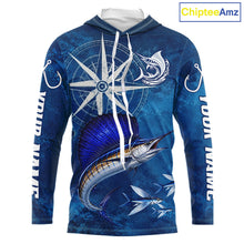 Load image into Gallery viewer, Sailfish Fishing Shirt Long Sleeve Hooded Gift For Men – Deep Sea Angler Ocean Compass Design