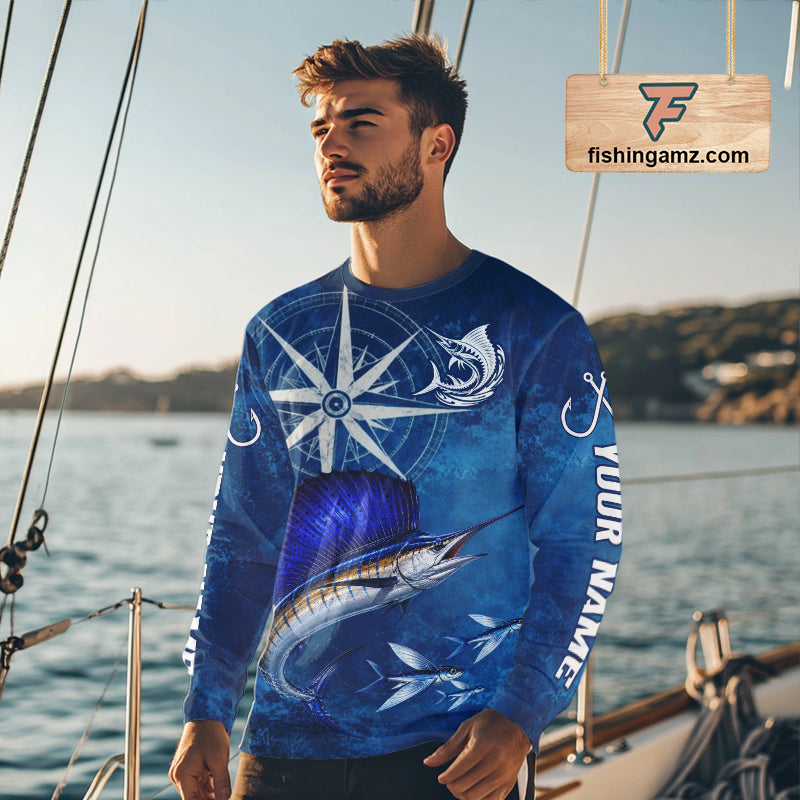 Sailfish Fishing Shirt Long Sleeve Gift For Men – Deep Sea Angler Ocean Compass Design 