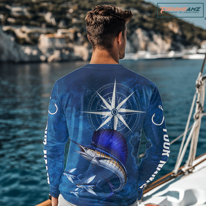 Sailfish Fishing Shirt Long Sleeve Gift For Men – Deep Sea Angler Ocean Compass Design 