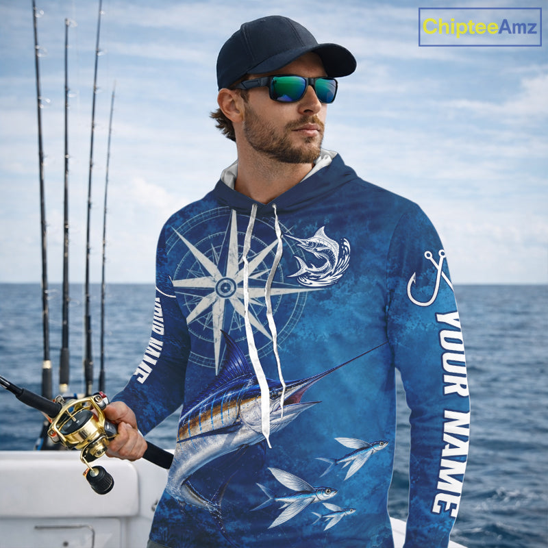 Marlin Fishing Shirt Long Sleeve Hooded Gift For Men – Deep Sea Angler Ocean Compass Design