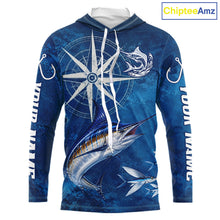 Load image into Gallery viewer, Marlin Fishing Shirt Long Sleeve Hooded Gift For Men – Deep Sea Angler Ocean Compass Design