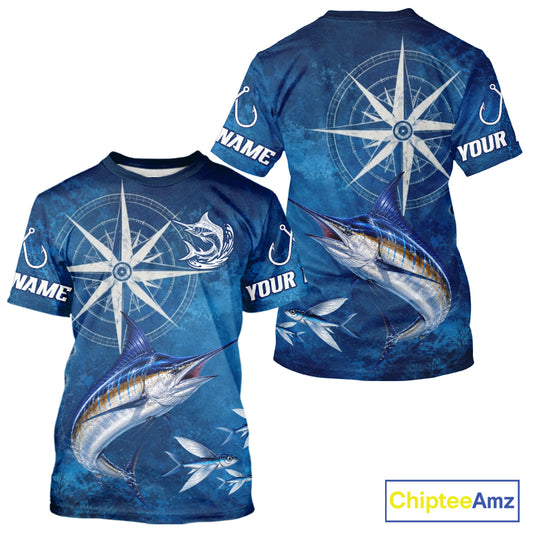 Marlin Short Sleeve Fishing T-Shirts Gift For Men – Deep Sea Angler Ocean Compass Design 