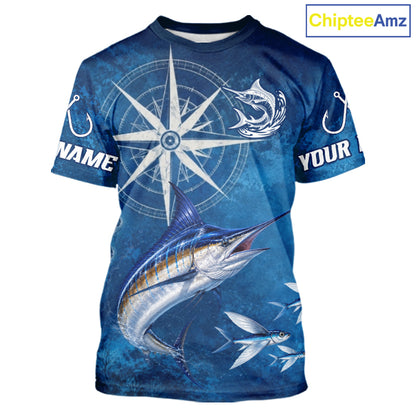 Marlin Short Sleeve Fishing T-Shirts Gift For Men – Deep Sea Angler Ocean Compass Design 