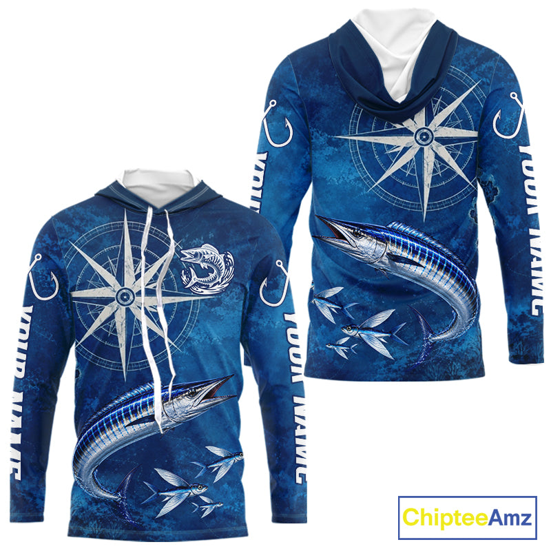 Wahoo Fishing Shirt Long Sleeve Hooded Gift For Men – Deep Sea Angler Ocean Compass Design