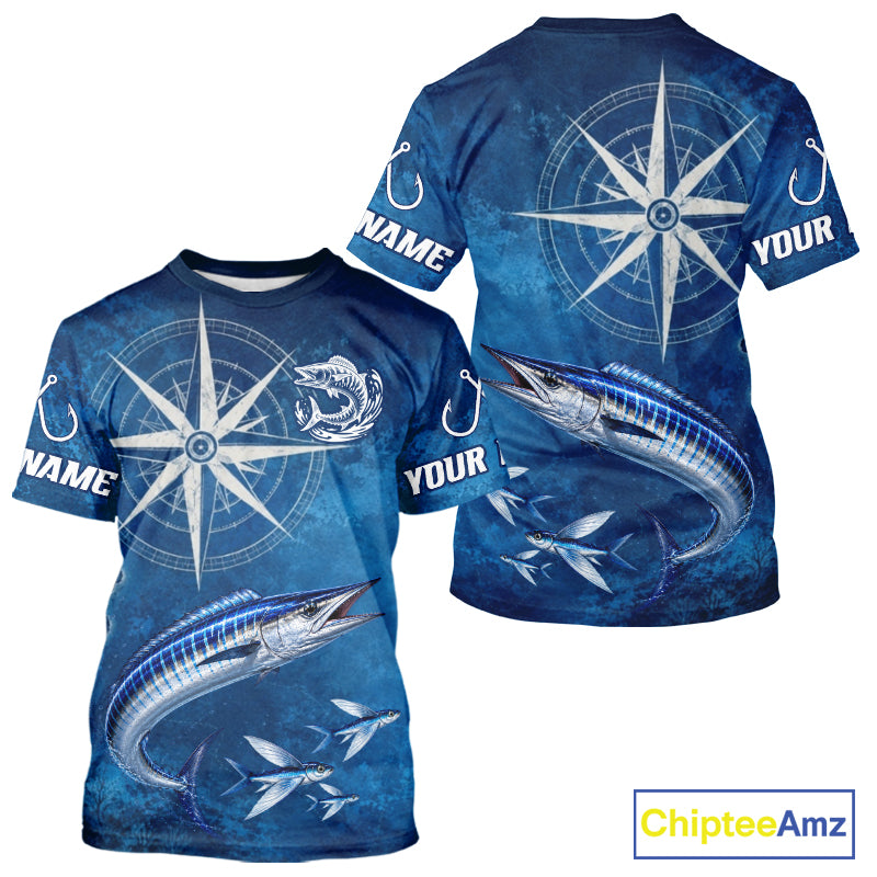 Wahoo Short Sleeve Fishing T-Shirts Gift For Men – Deep Sea Angler Ocean Compass Design