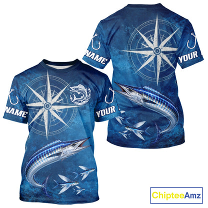 Wahoo Short Sleeve Fishing T-Shirts Gift For Men – Deep Sea Angler Ocean Compass Design
