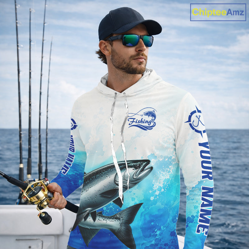 Chinook Salmon Fishing Long Sleeve Hooded Gift For Men Deep Sea Saltwater Angler Ocean Adventure 