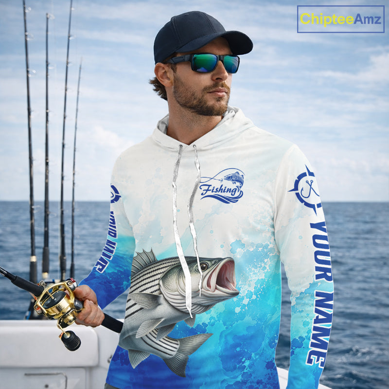 Striped Bass Fishing Long Sleeve Hooded Gift For Men Deep Sea Saltwater Angler Ocean Adventure