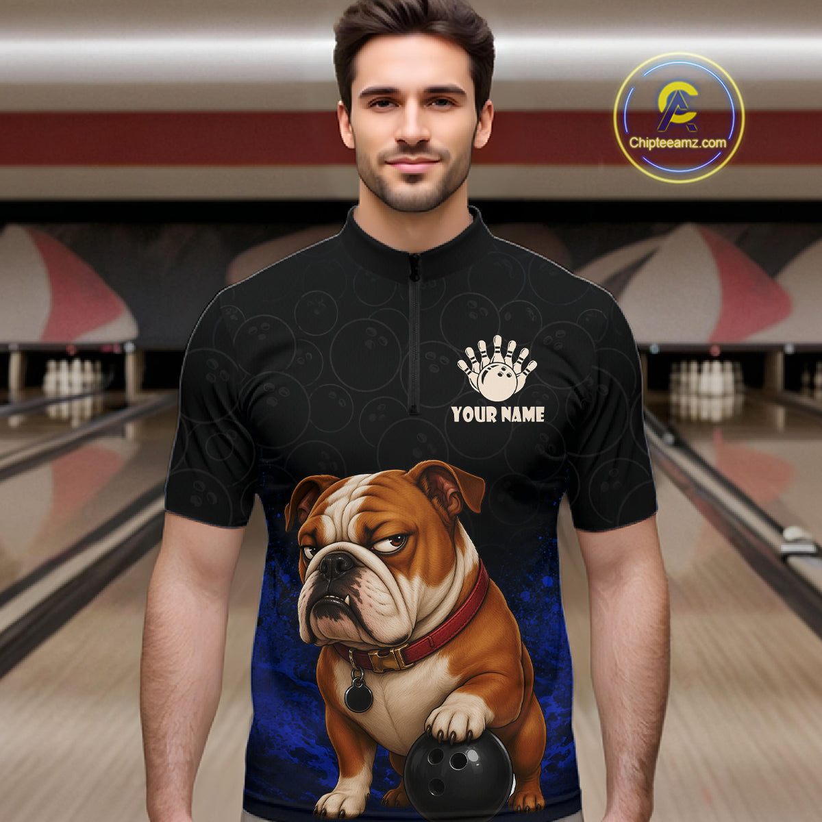 Custom Bulldog Bowling Men Polo Shirt, Personalized Bowling Team Name Dog Lover Bowler Gift  NHT1504