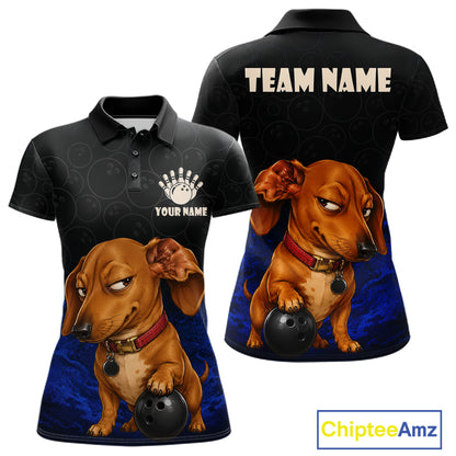 Custom Sly Dachshund Bowling Women Polo Shirt, Personalized Bowling Team Name Dog Lover Bowler Gift  NHT1506