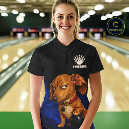 Custom Sly Dachshund Bowling Women Polo Shirt, Personalized Bowling Team Name Dog Lover Bowler Gift  NHT1506