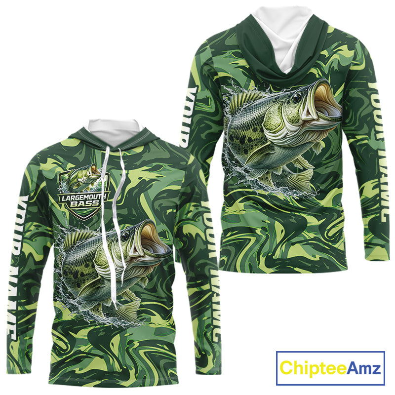 Largemouth Bass Fishing Shirts Long Sleeve Hooded Camo Green With Personalized Name NHT398